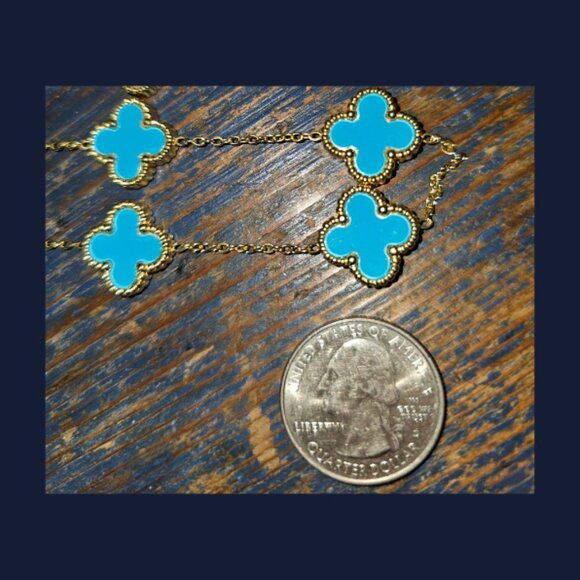 Turquoise blue Hope, Faith, Love and Luck clover fashion necklace 16 inches - Picture 4 of 9